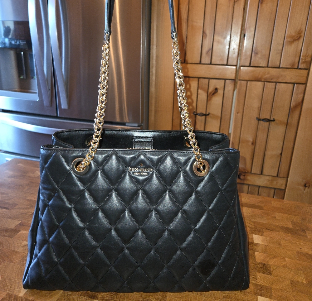 Kate Spade Newyork Black Quilted Shoulder Tote with Gold Chain Straps